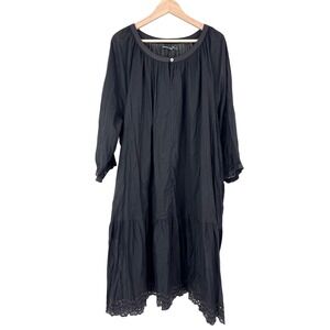 Gudrun Sjoden Black Organic Cotton Eyelet Hem Midi Dress XXL Boho Lagenlook